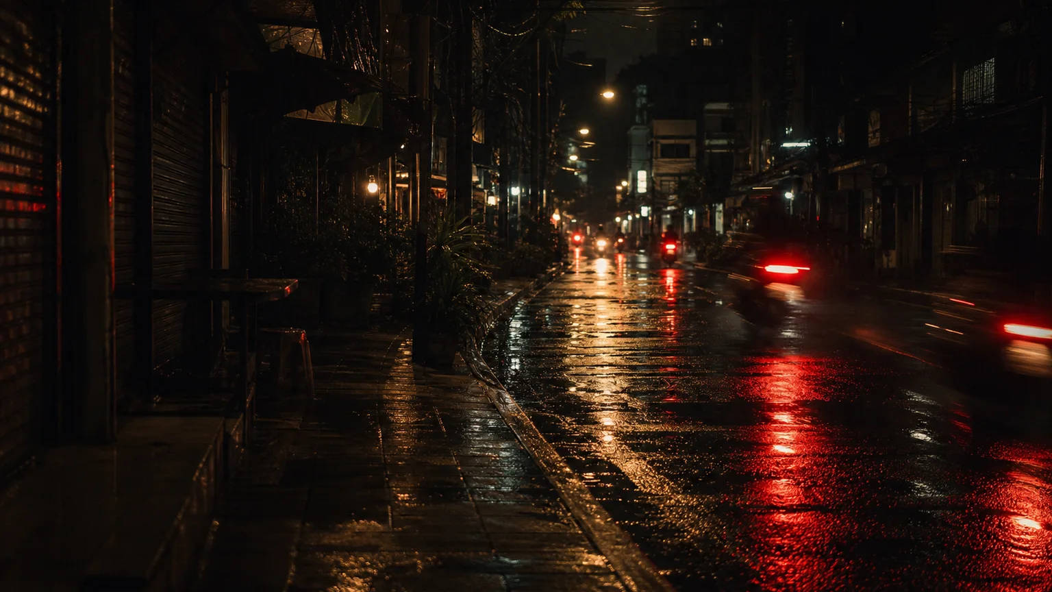 Rainy Bangkok night street with blurred scooter lights and humid neon atmosphere