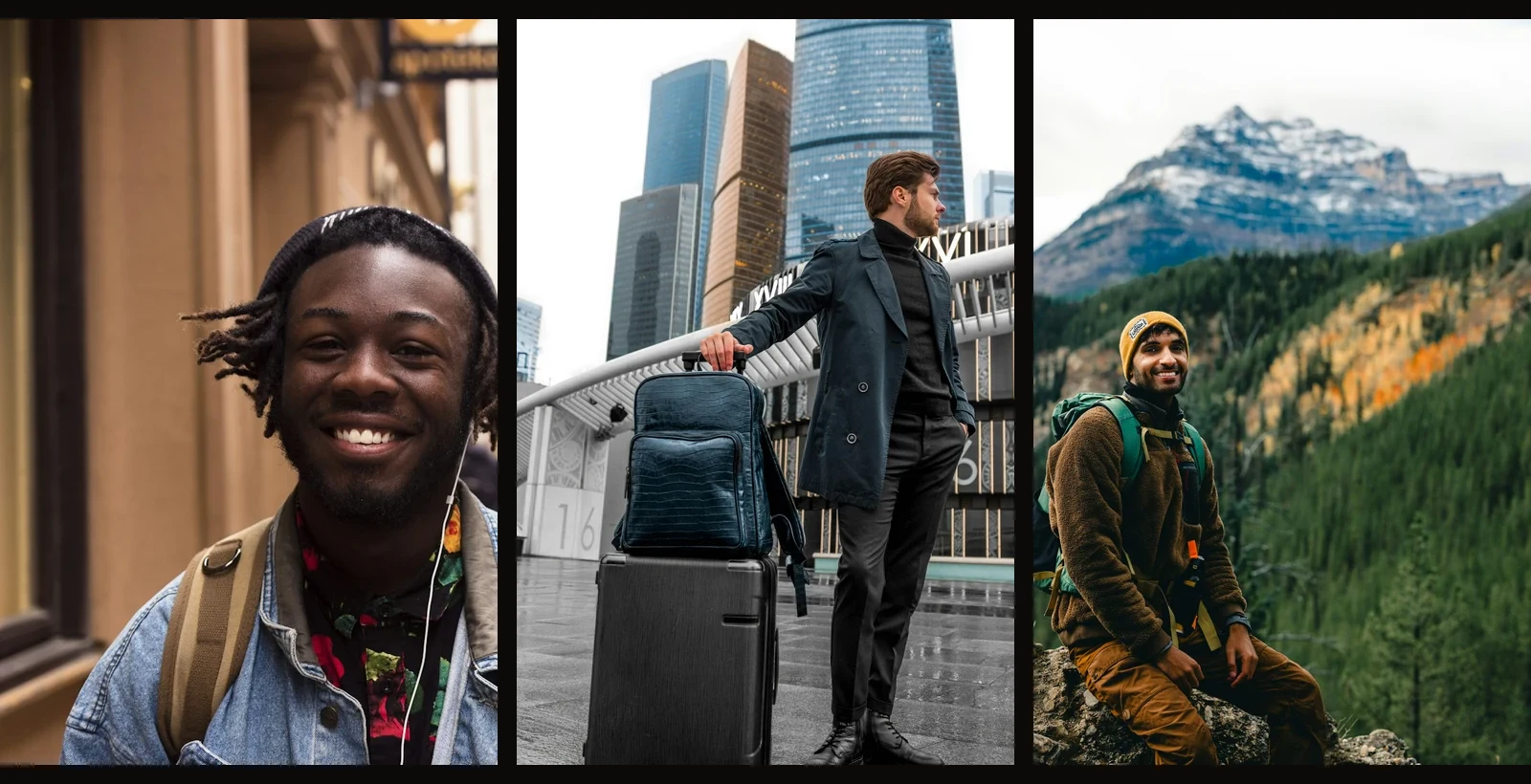 Three example travel profile photos in city, airport, and mountain settings