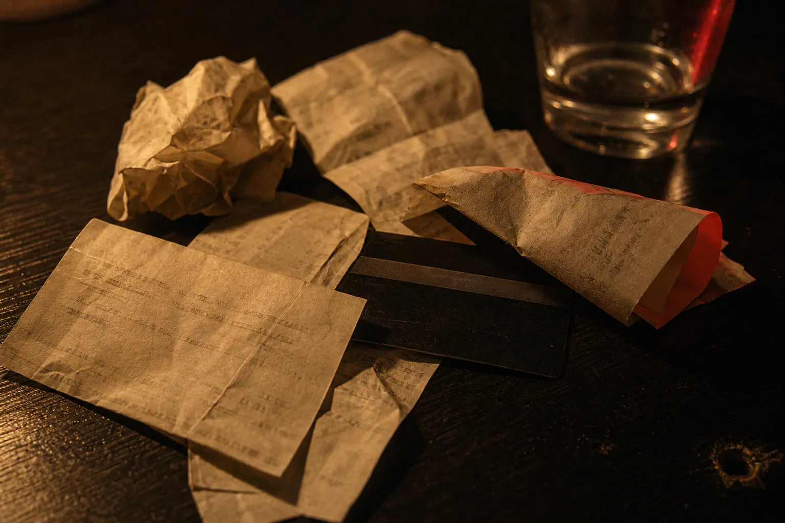 Crumpled receipts and a credit card on a dark hotel table under a single lamp