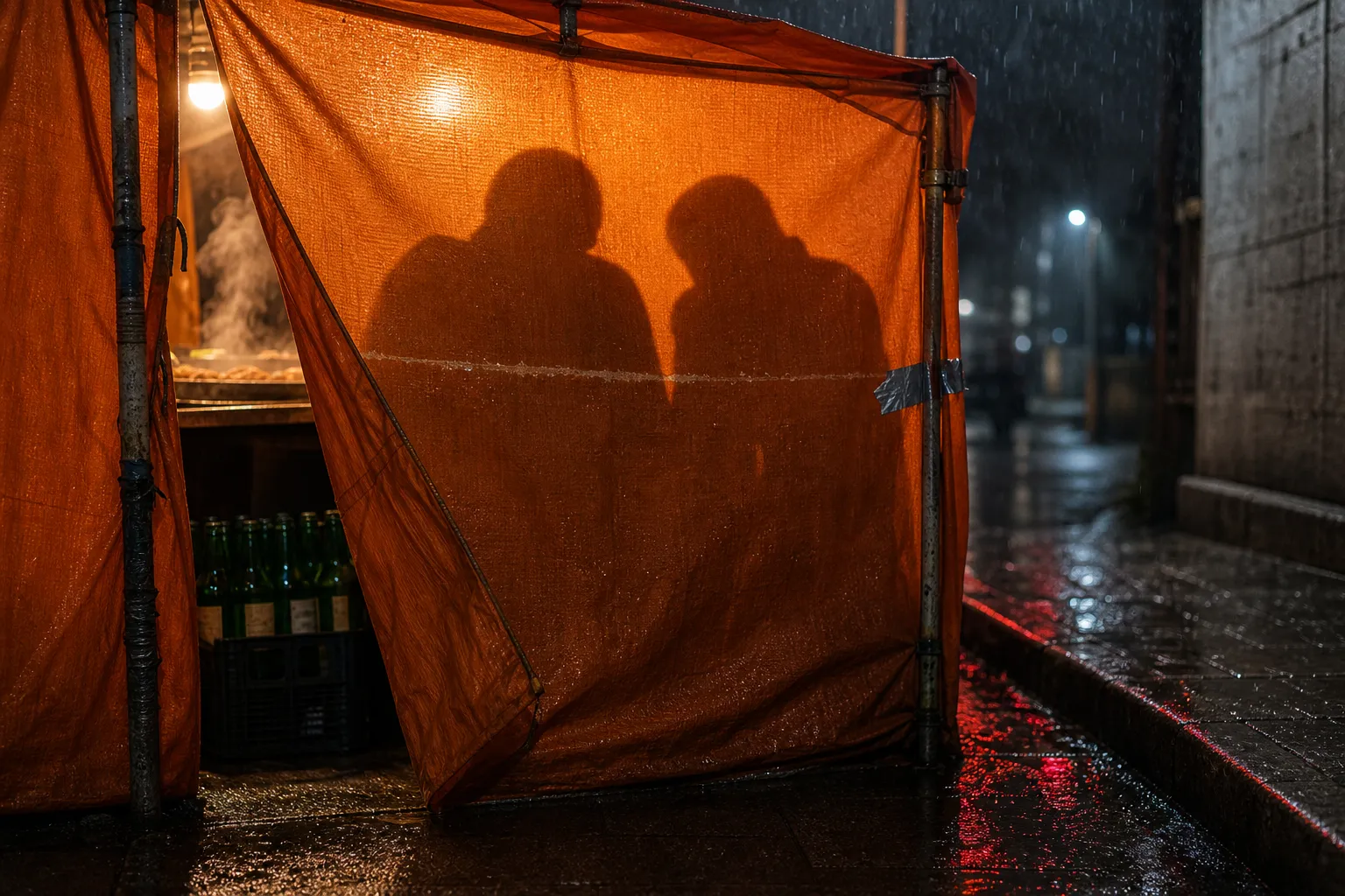 A lit orange pojangmacha street food tent in Seoul at night with two anonymous silhouettes