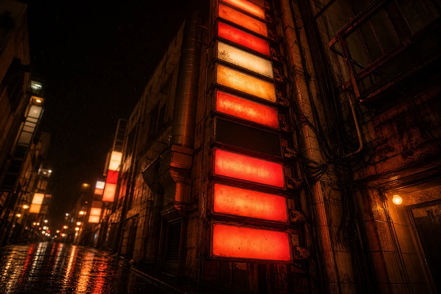 Illuminated club signs stacked up a wet side street at night