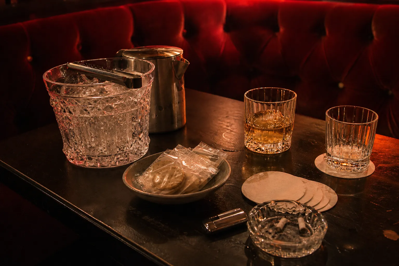 A low velvet booth and lacquered table set for a kyabakura session, ice bucket and glasses under an amber lamp