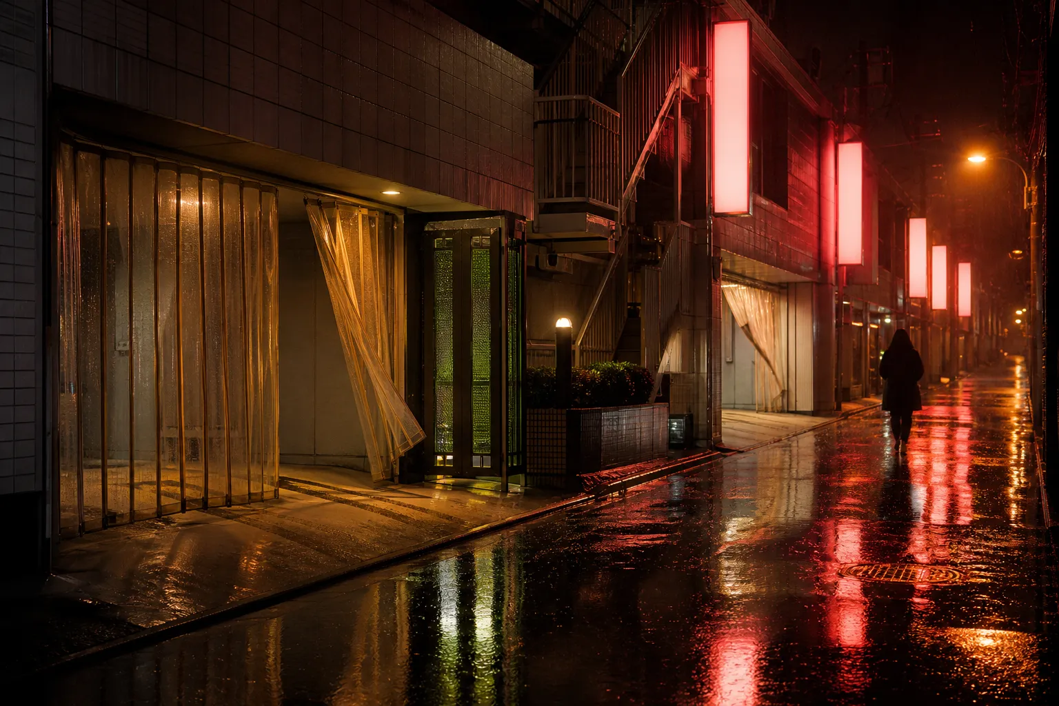 A wet back street of a Japanese love hotel district at night with curtained car port entrances