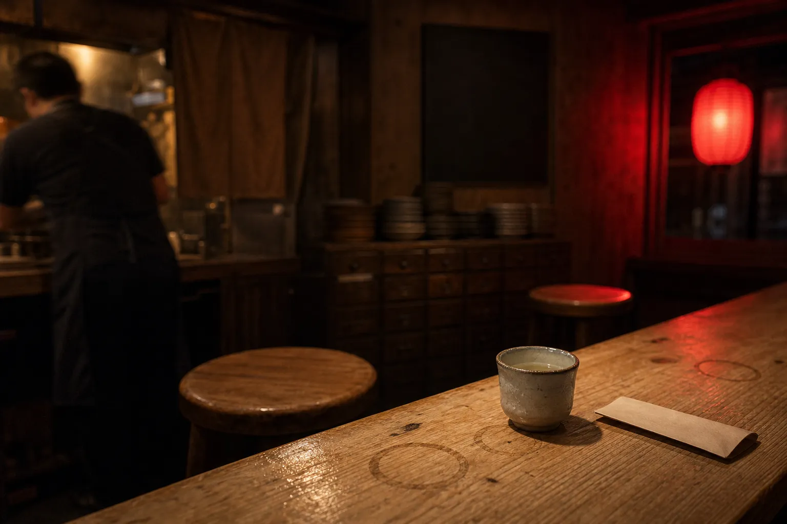 A worn wooden izakaya counter with a small ceramic cup, two stools and a red lantern glowing behind
