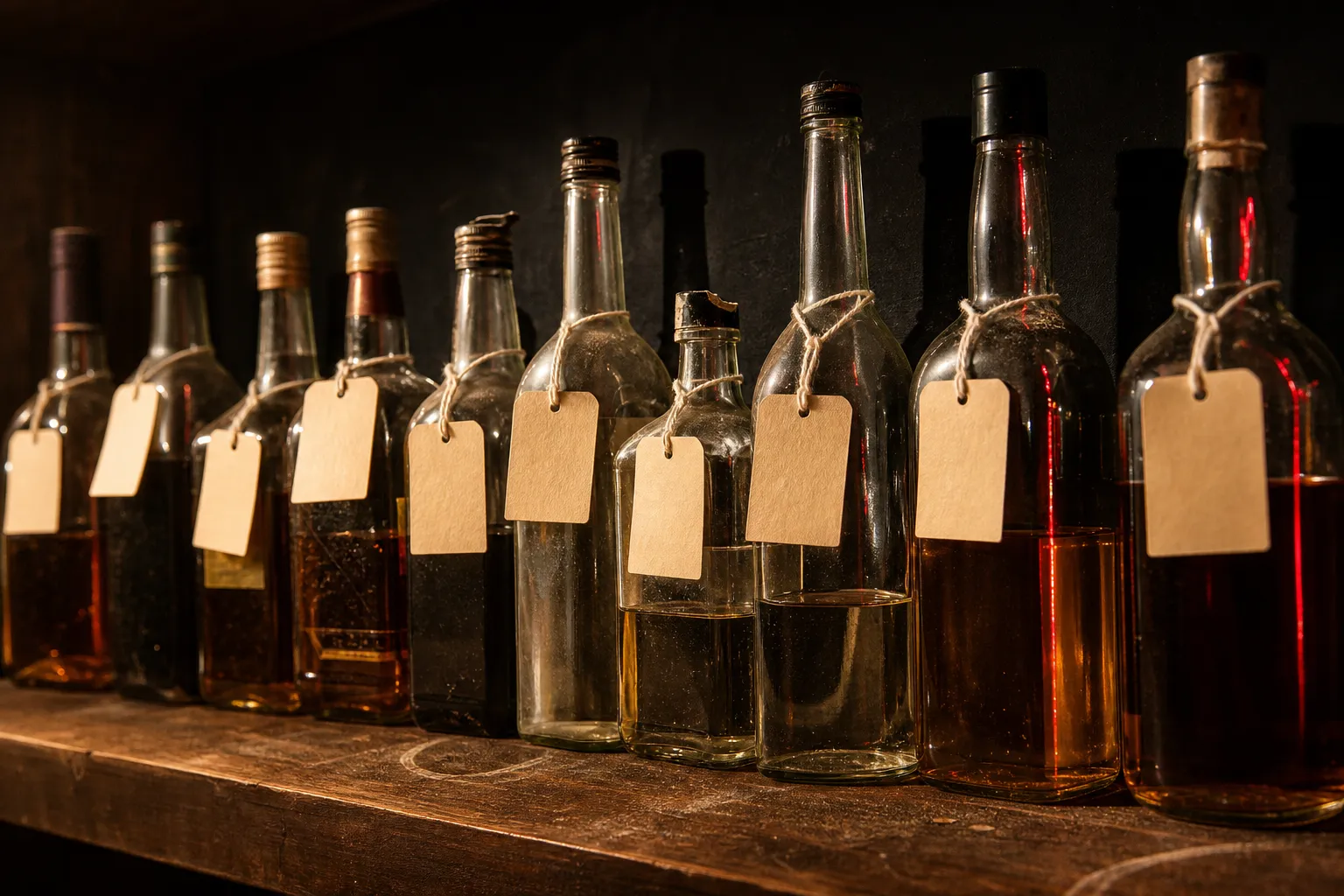 A bottle keep shelf in a Japanese snack bar with paper tags tied to whisky and shochu bottles