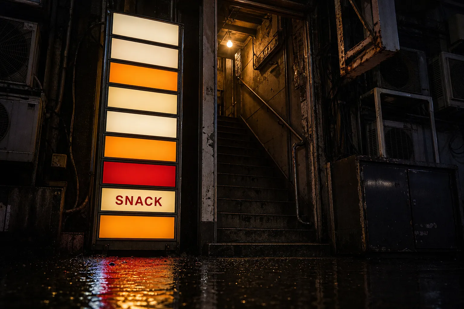A stairwell in a Japanese building at night with stacked illuminated snack bar sign panels