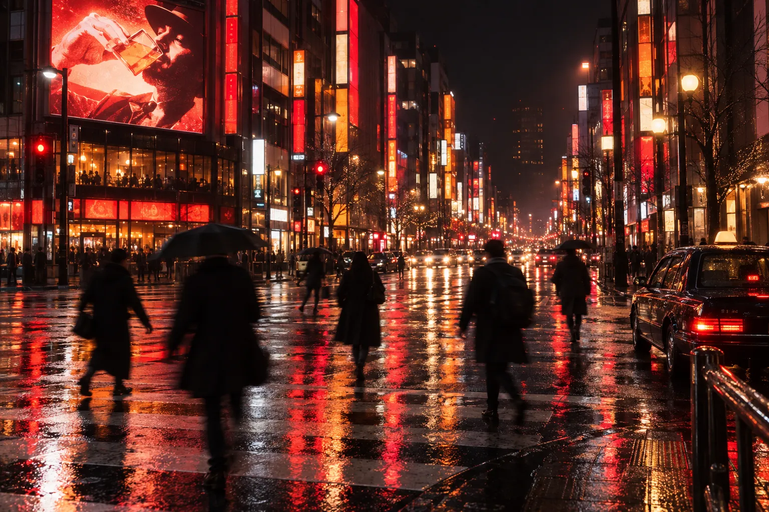 The Susukino crossing at night under stacked neon signage
