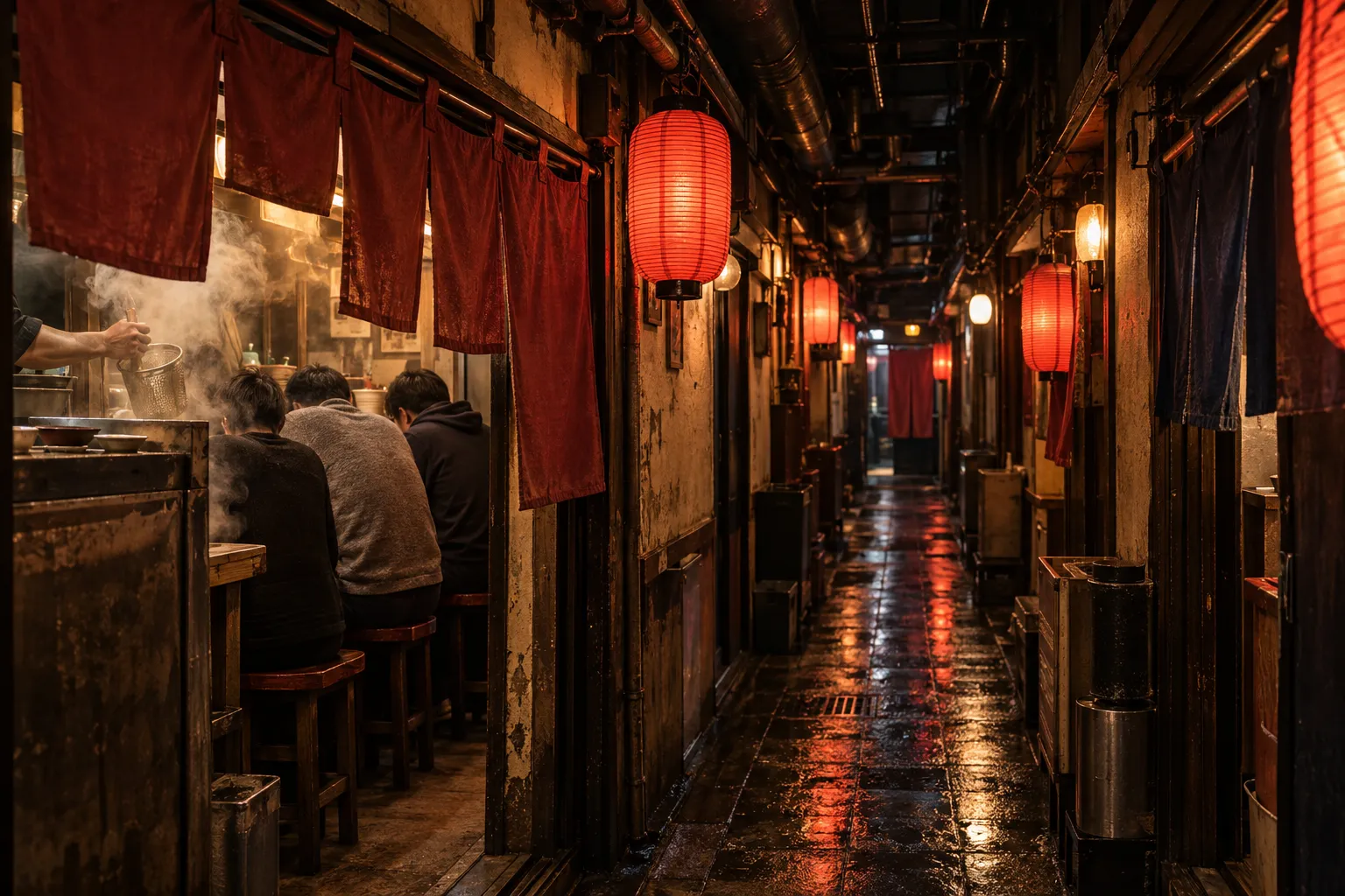 Steam and lanterns in a narrow Susukino ramen alley at night