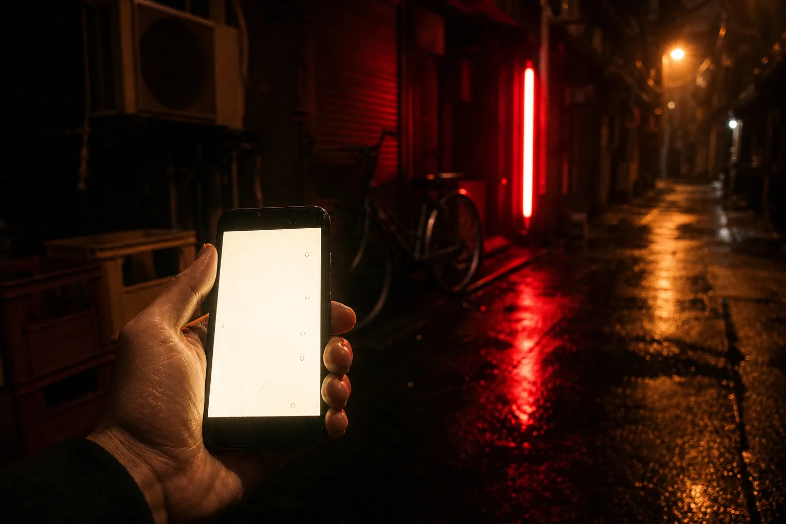 Hand holding a lit phone in a narrow Japanese alley at night under red neon