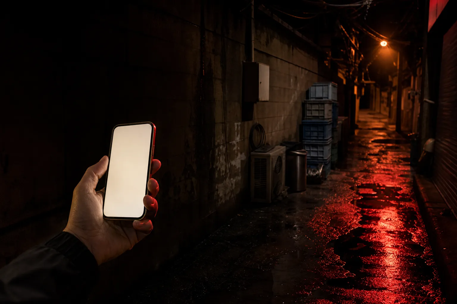 A hand holding a glowing phone in a wet Seoul backstreet at night