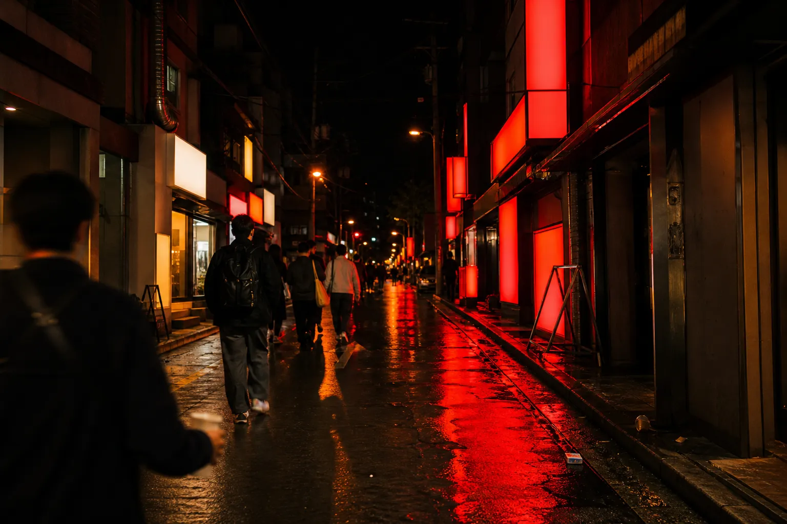 A Hongdae nightlife street in Seoul at night under red neon signage