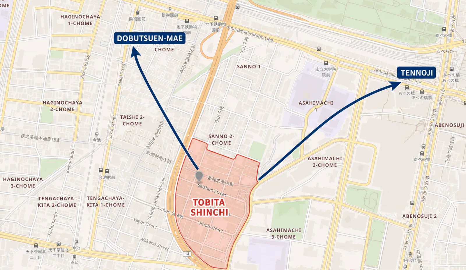 Map of southern Osaka showing Tobita Shinchi and walking routes from Dōbutsuen-mae and Tennoji stations