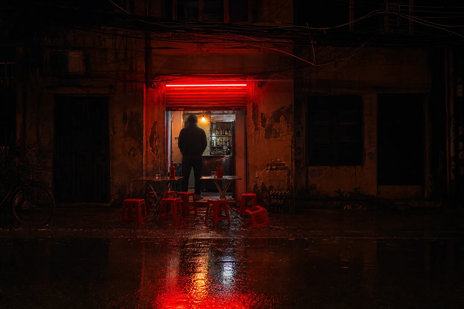 A narrow bar frontage in the Old Quarter of Hanoi at night with red neon and low plastic stools on a wet lane