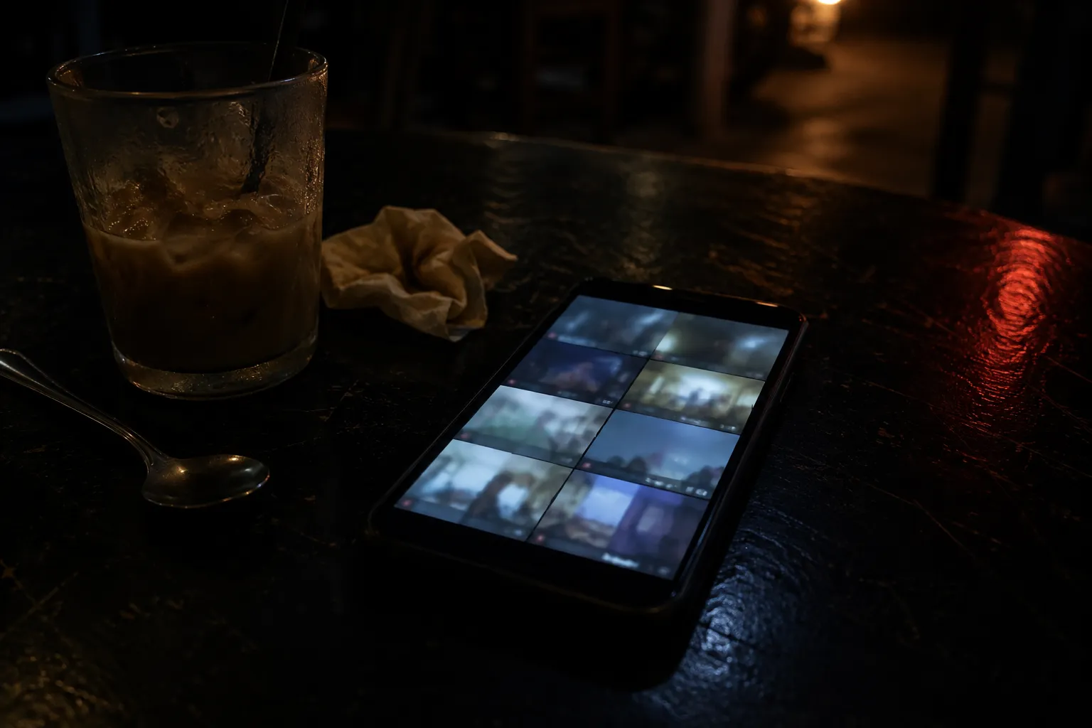 A phone on a cafe table in Vietnam showing a grid of blurred anonymous video chat tiles at night